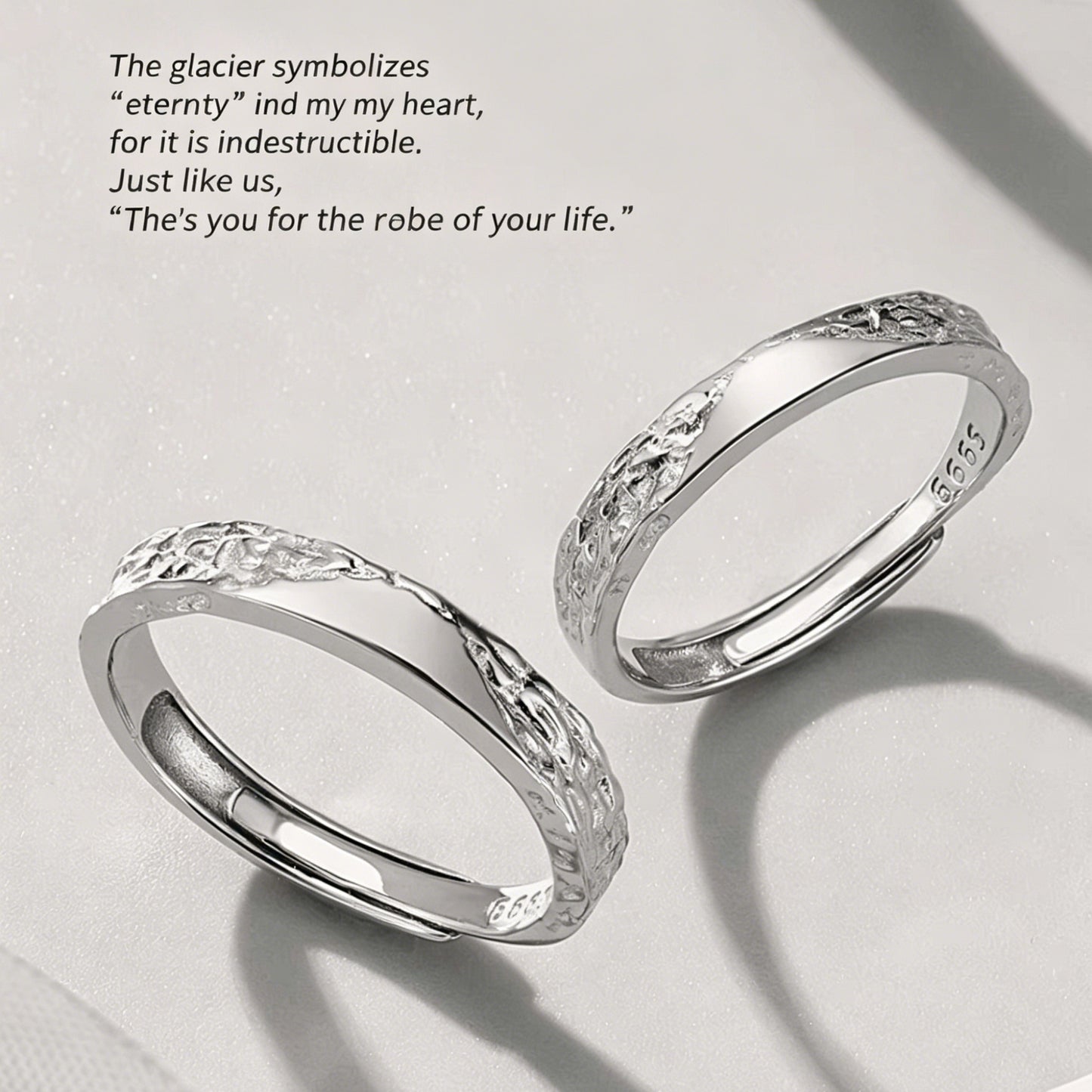 1 Pair 999 Sterling Silver Glacier Hammered Couple Rings, Adjustable Promise Rings, Ideal Valentine's Day Gift For Lovers