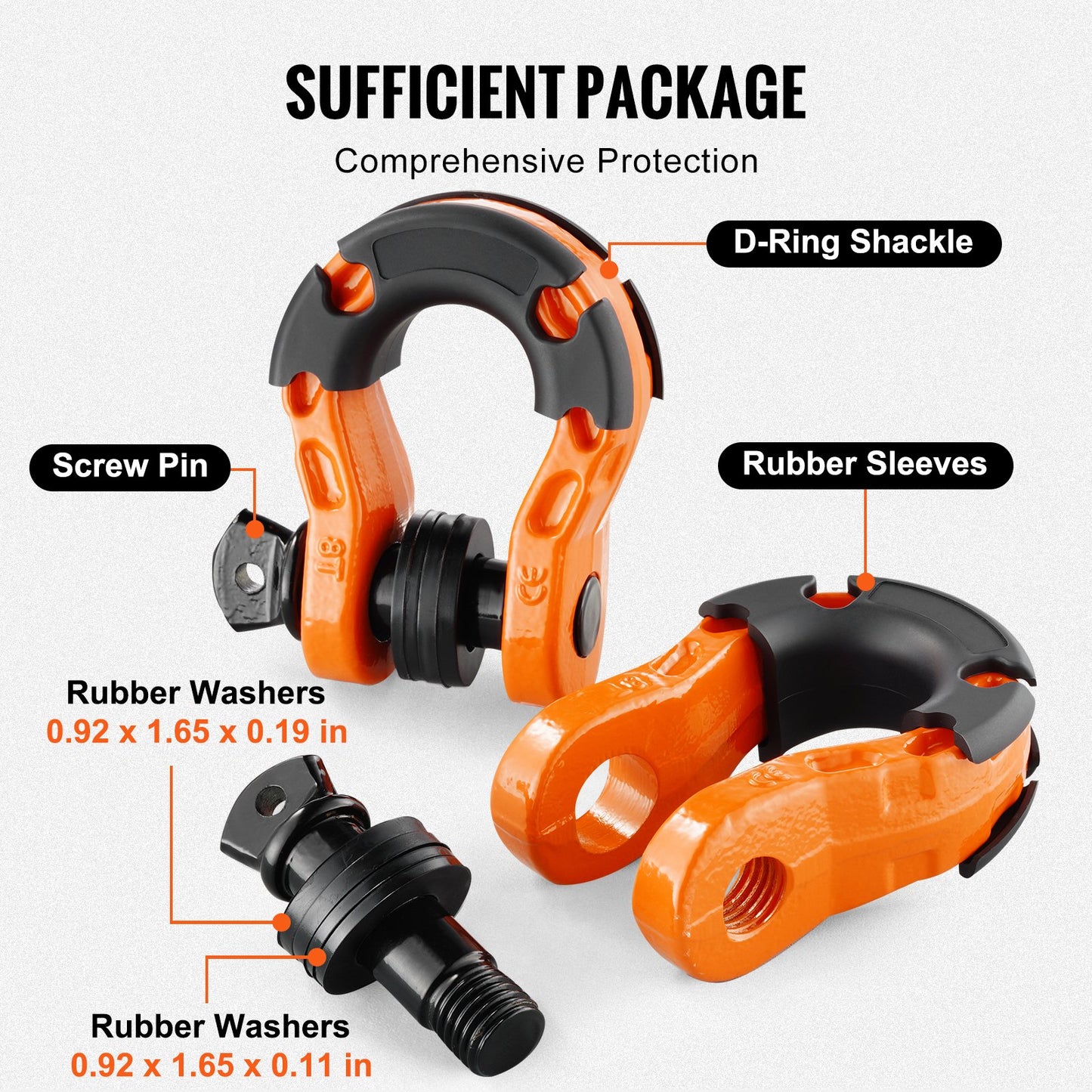 3/4' D-Ring Shackle, 2 Pack Alloy Steel Shackles 66139 Lbs (30 Ton) Break Strength With 7/8' Screw Pin, Isolators & Washers, Heavy Duty Off Road Vehicle Recovery Shackle For Jeep Truck, Orange