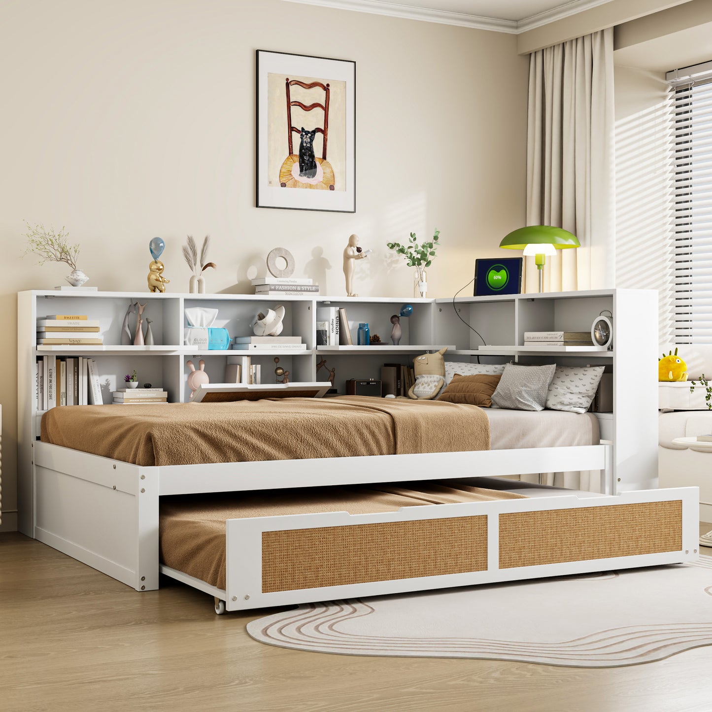 Wooden Sofa Bed 140x200 With Trundle Bed Multifunctional Single Bed Cot With Many Storage Compartments And Charging Port White