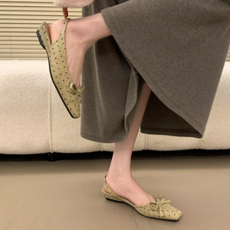 Women 2026 New French Polka Dot Square Toe Mid Heel Single Strap High Heels, Bow Thick Heel Pumps Closed Toe Sandals
