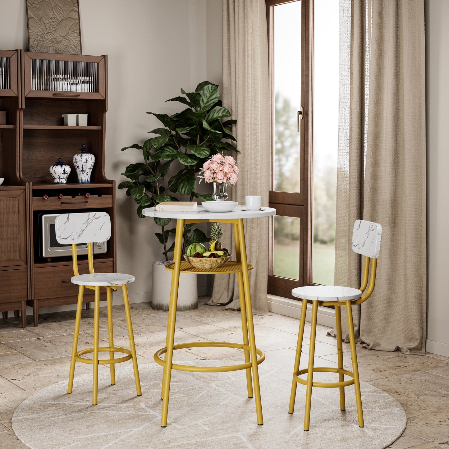 3 Pcs Dining Table And Chairs Set With 2 Stools Dining Table Set Faux Marble Tabletop For Home Or Hotel Dining Room, Kitchen Or Bar