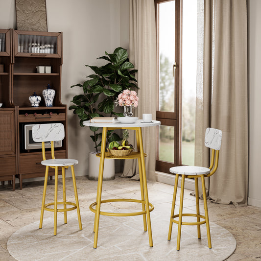 3 Pcs Dining Table And Chairs Set With 2 Stools Dining Table Set Faux Marble Tabletop For Home Or Hotel Dining Room, Kitchen Or Bar