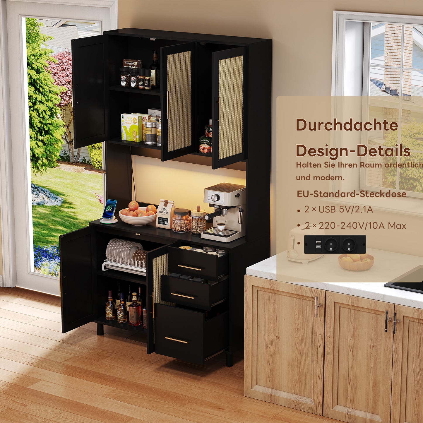 183cm Kitchen Credenza, Buffet, App-Controlled LED Decorative Lights, 2 X USB, 2 X Sockets, Adjustable Shelves, 3 Drawers, Golden Metal Handles, Ideal For Kitchens And Dining Rooms.