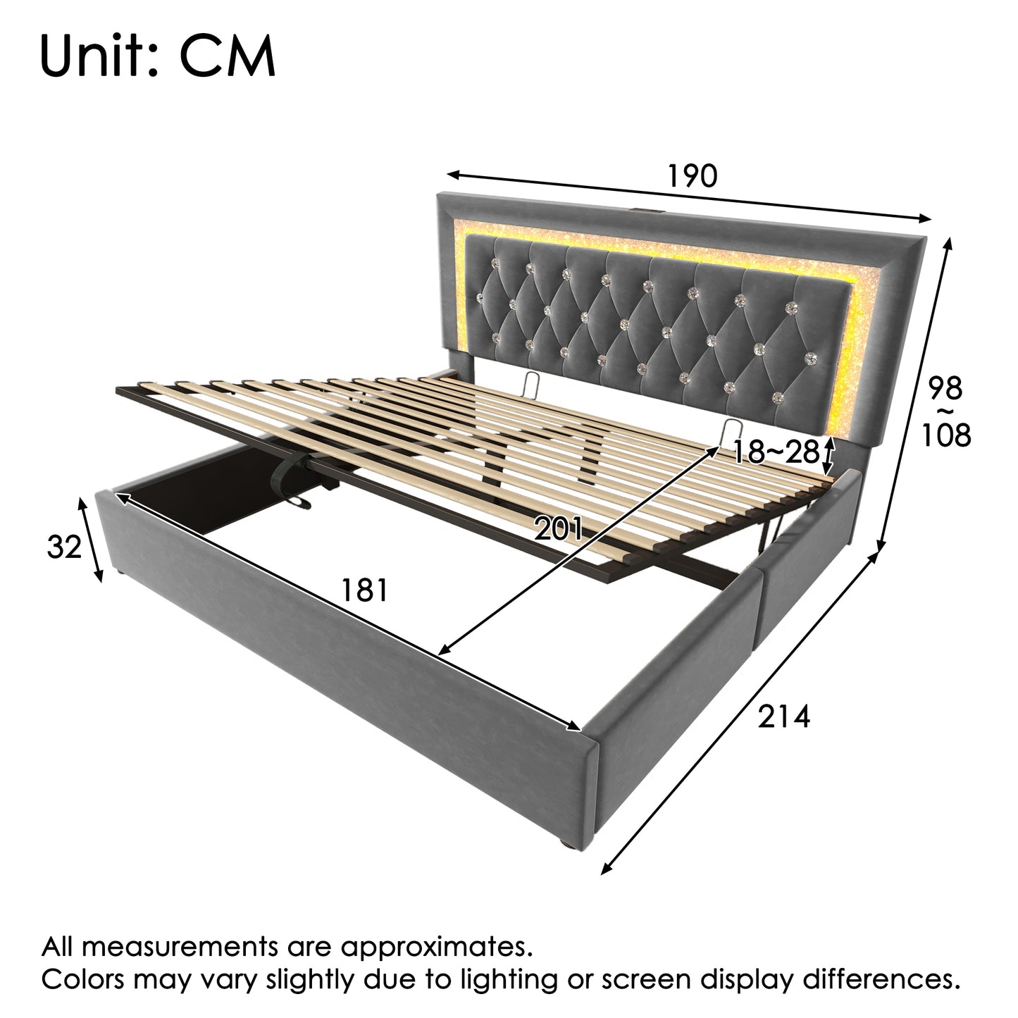 Upholstered Bed 180 X 200 Cm With LED Lighting, USB Type-C Charging, 6ft Hydraulic Storage Bed With Adjustable Diamond Tufted Headboard, Velvet, Grey No Mattress