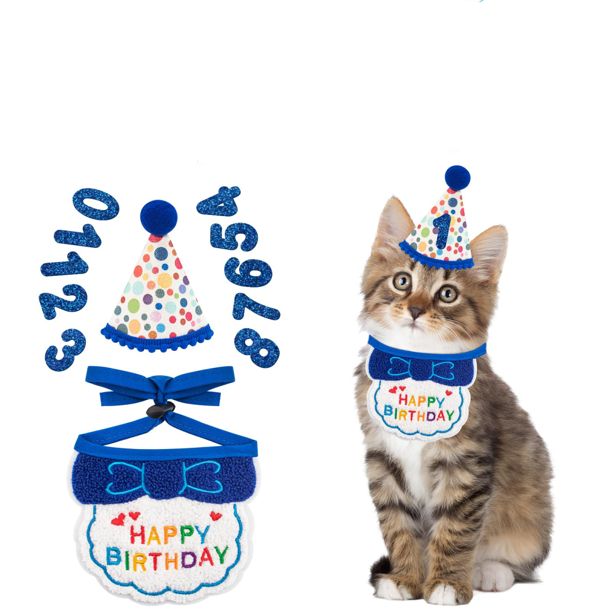 Cat Birthday Party Supplies, Blue Cat Kitten Birthday Bandana With Number Hat, Cat Birthday Decorations Banner Boy, Pet Birthday Outfits For Cats Kitten Apparel Decorations