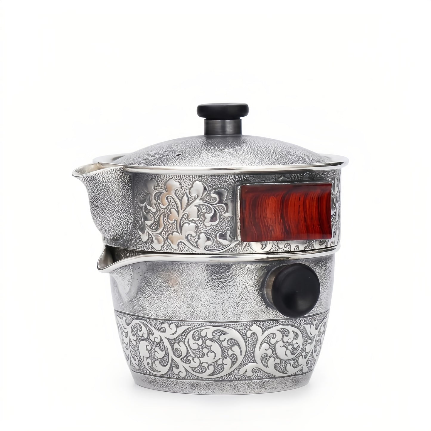925 Sterling Silver Handcrafted Ornate Silver Tea Infuser Set with Intricate Floral Engravings and Red Wood Inlay - Handicraft