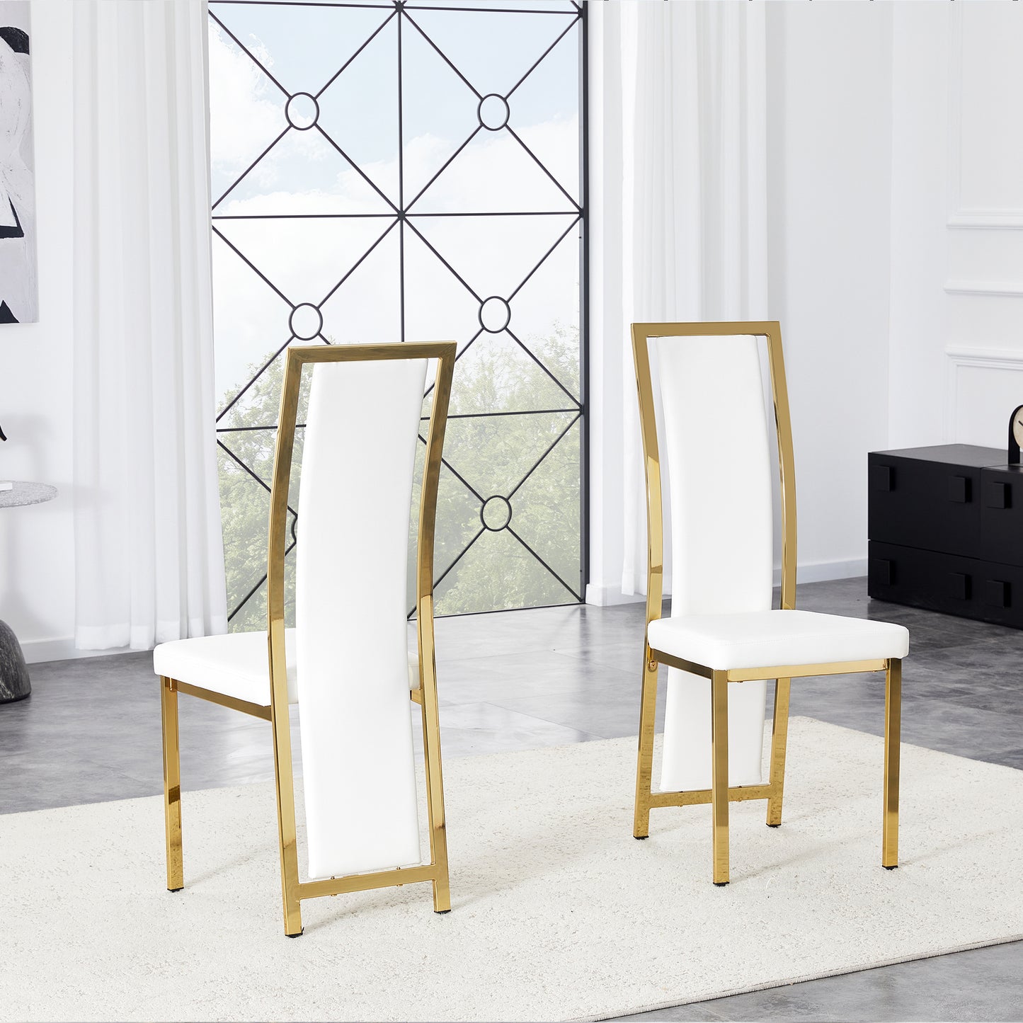 Set Of 2  European Minimalist Dining Chairs With Gold Edge. White PU Leather  Gold Luster Metal Frame, 109cm High, For Versatile Uses Such As Dining Room, Office, Etc.