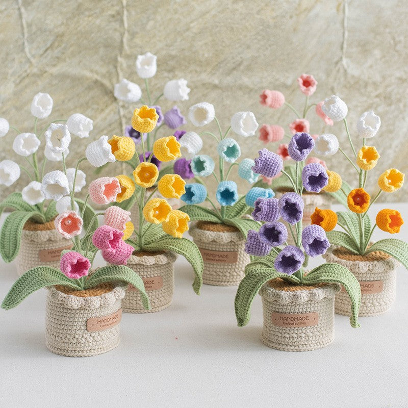 Hand Crocheted Lily Of The Valley Artificial Flowers  Potted Arrangement Decor For Indoor Table Living Room Bedroom