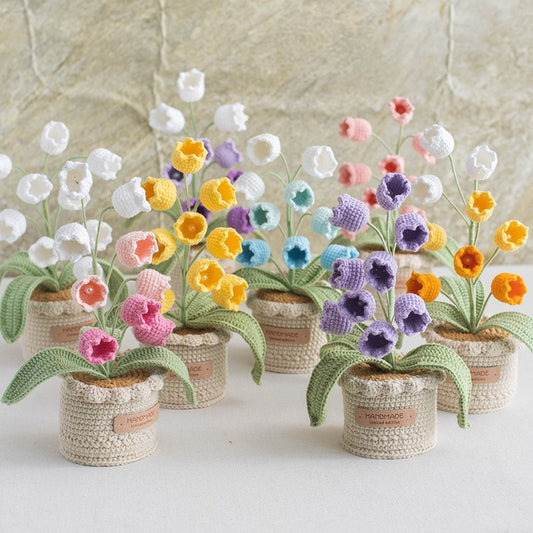 Hand Crocheted Lily Of The Valley Artificial Flowers  Potted Arrangement Decor For Indoor Table Living Room Bedroom