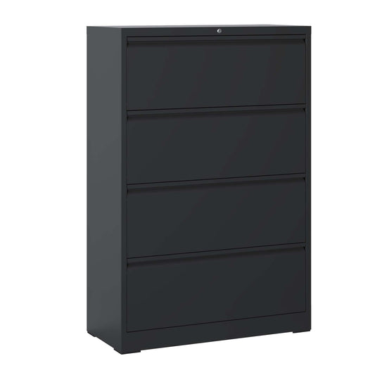 Lateral File Cabinet 4 Drawer, Black Filing Cabinet With Lock, Lockable File Cabinet For Home Office, Locking Metal File Cabinet For Legal Letter A4  F4 Size