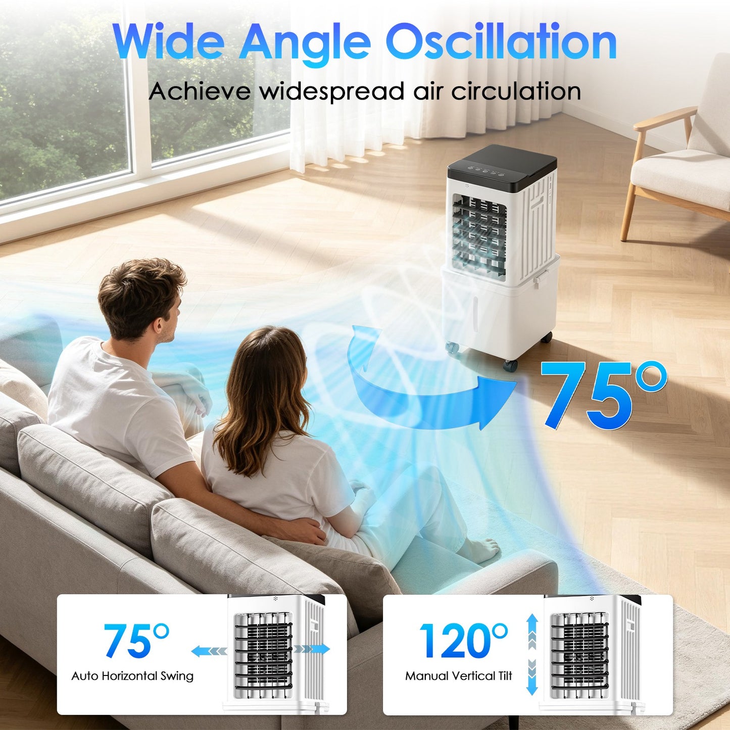 Portable Air Cooler Fan 12L Evaporative Air Conditioner With 3-Speed Dual Water Tank Touch & Remote Control 4 Wheels 4 Ice Packs Oscillation 15H Timer Visible Window For Bedroom Office Home