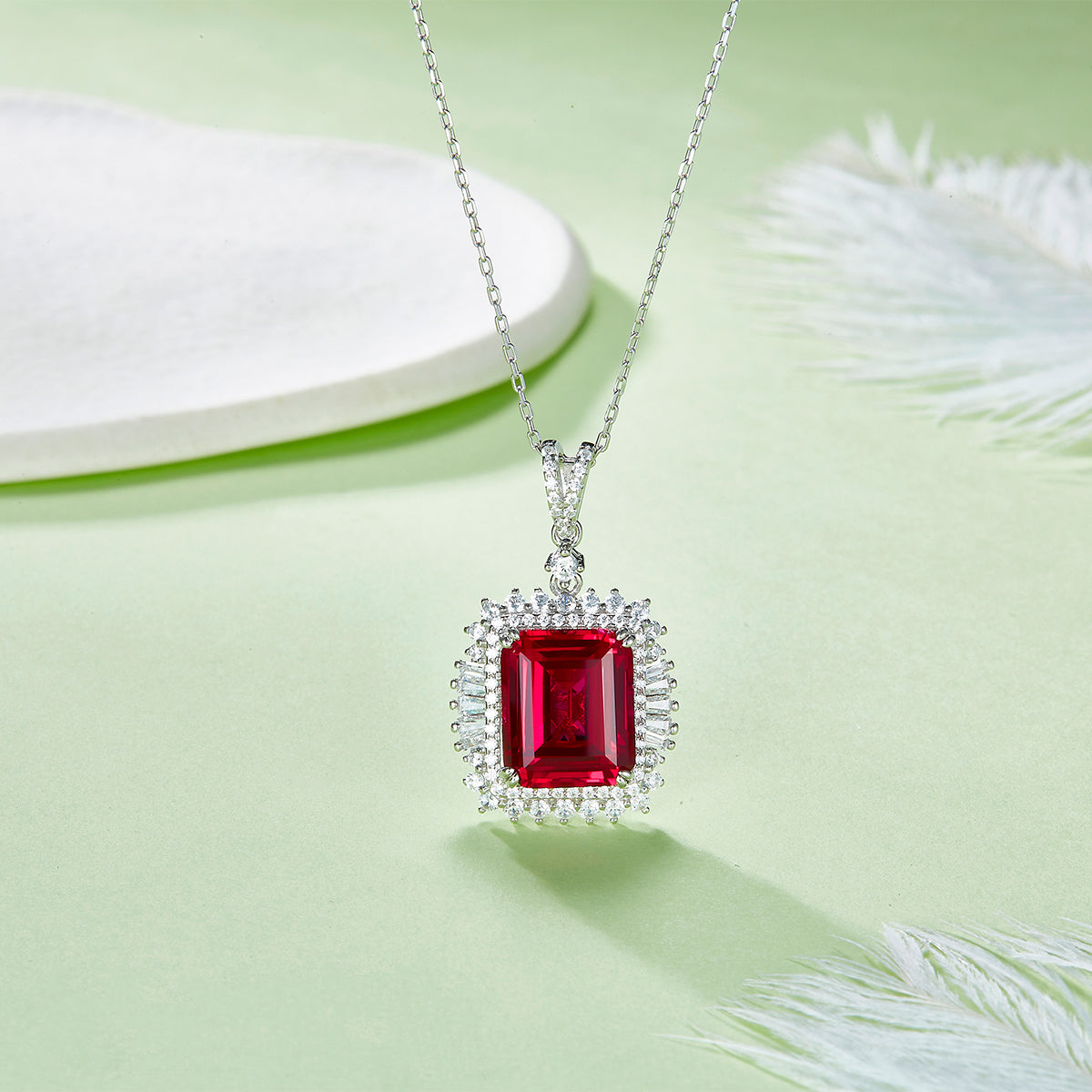 S925 Sterling Silver 10x12mm Lab-Grown Ruby Sapphire Emerald Halo Pendant Necklace, Platinum Plated 40&45cm Chain, 5.5g Women's Jewelry Gift Box