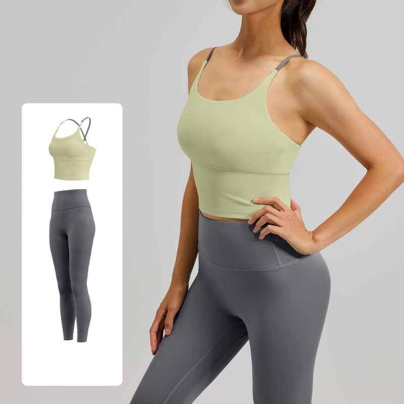 Women's Two-Piece Sports Fitness Outfit With Camisole Top & Long Pants, Color Block Shockproof Yoga Wear For Indoor Training