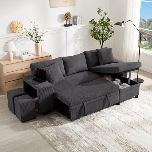 Folding Sofa With Sleeping Function, L-shaped Convertible Corner Sofa With USB Charging Port And Cushions, 3-seater Convertible Sofa With Side Shelves And Storage Space