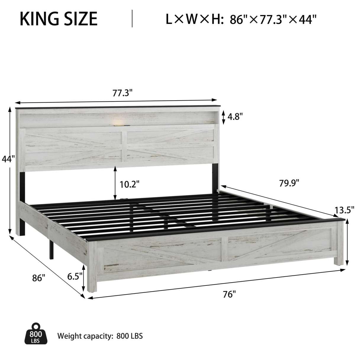 King Wood Bed Frame With Hidden Storage Headboard, Antique White & Gray