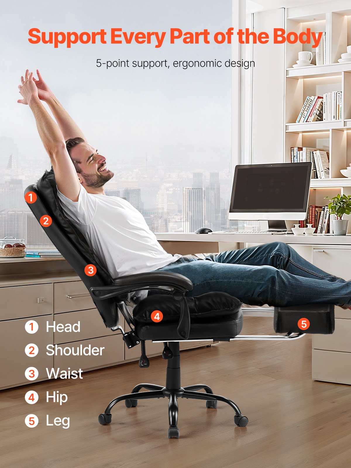 Executive Office Chair, High Back Chair With Footrest And Lumbar Pillow, Ergonomic Desk Chair 135° Recline & Adjustable Height, PU Leather Swivel Rolling Chair For Work, Study, Game, Black