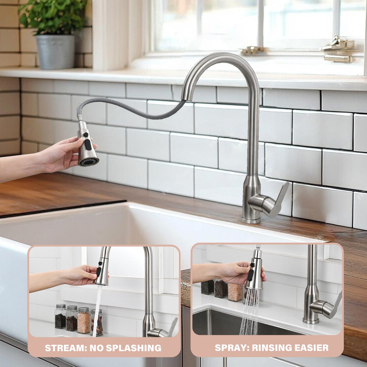 High Single Handle Stainless Steel Brushed Nickle Kitchen Faucets With Pull Down Sprayer