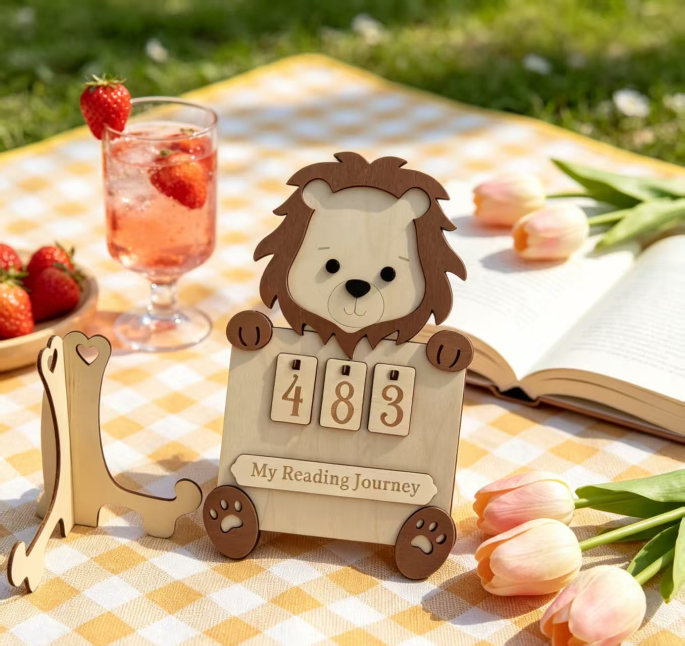 Wooden Reading Counter Tracker Fox Lion Bear Animal Reading Journey Counting Sign Book Log Keepsake Desk Decor