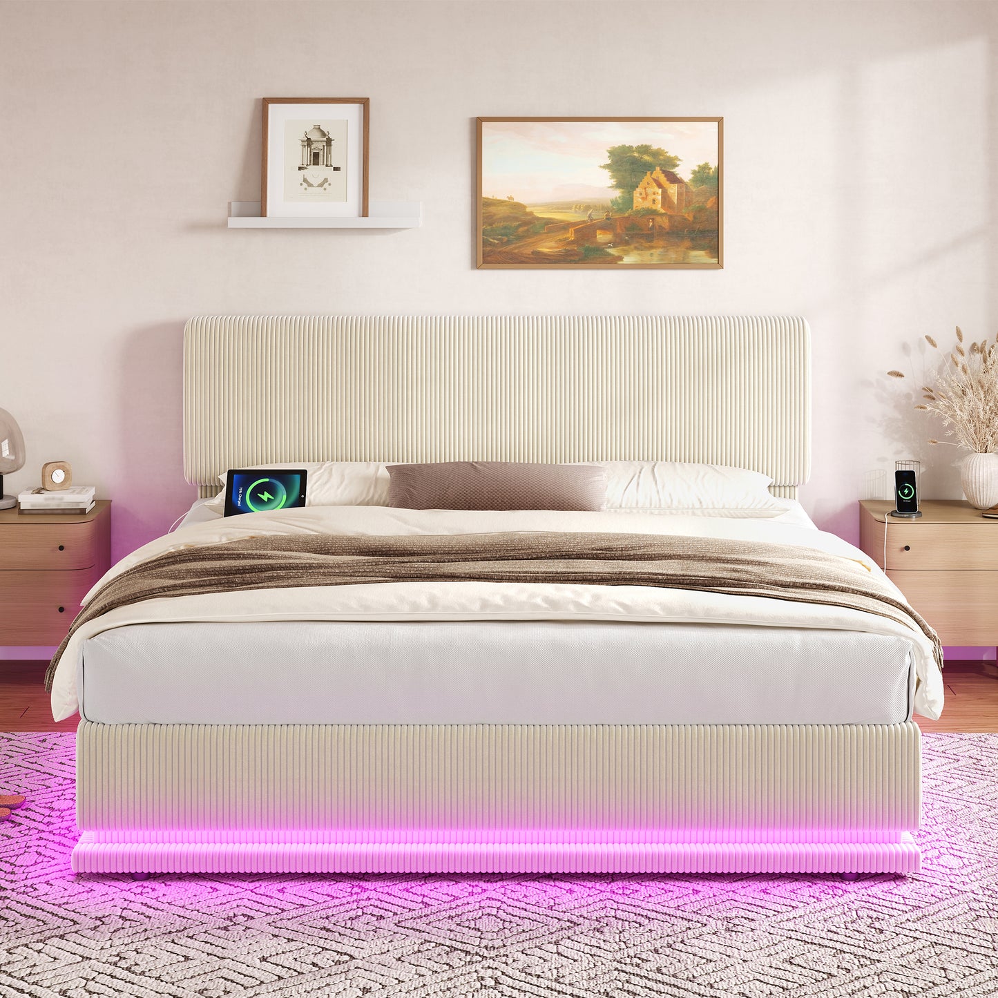 Modern Upholstered Beds With LED Lighting And USB-C Charging Function, Height-adjustable Headboard, Corduroy Fabric, Sturdy Slatted Frame, Large Underblanket Storage Space And Comfortable Upholstered