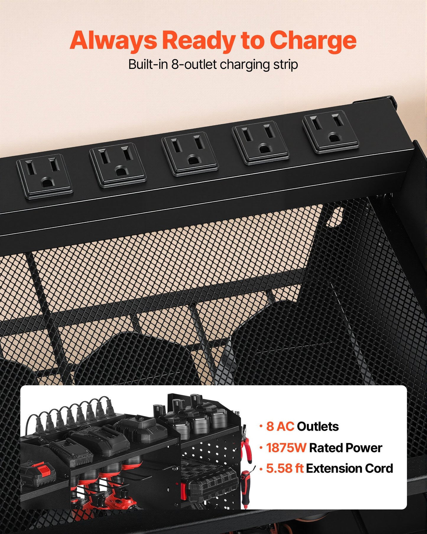 Power Tool Organizer With Charging Station, 3-Layer Power Tool Battery Storage Rack With 5.58 Ft Power Strip, 8 Drill Holders & 8 Outlets, Garage Tool Organizer For Garage, Workbench, Workshop