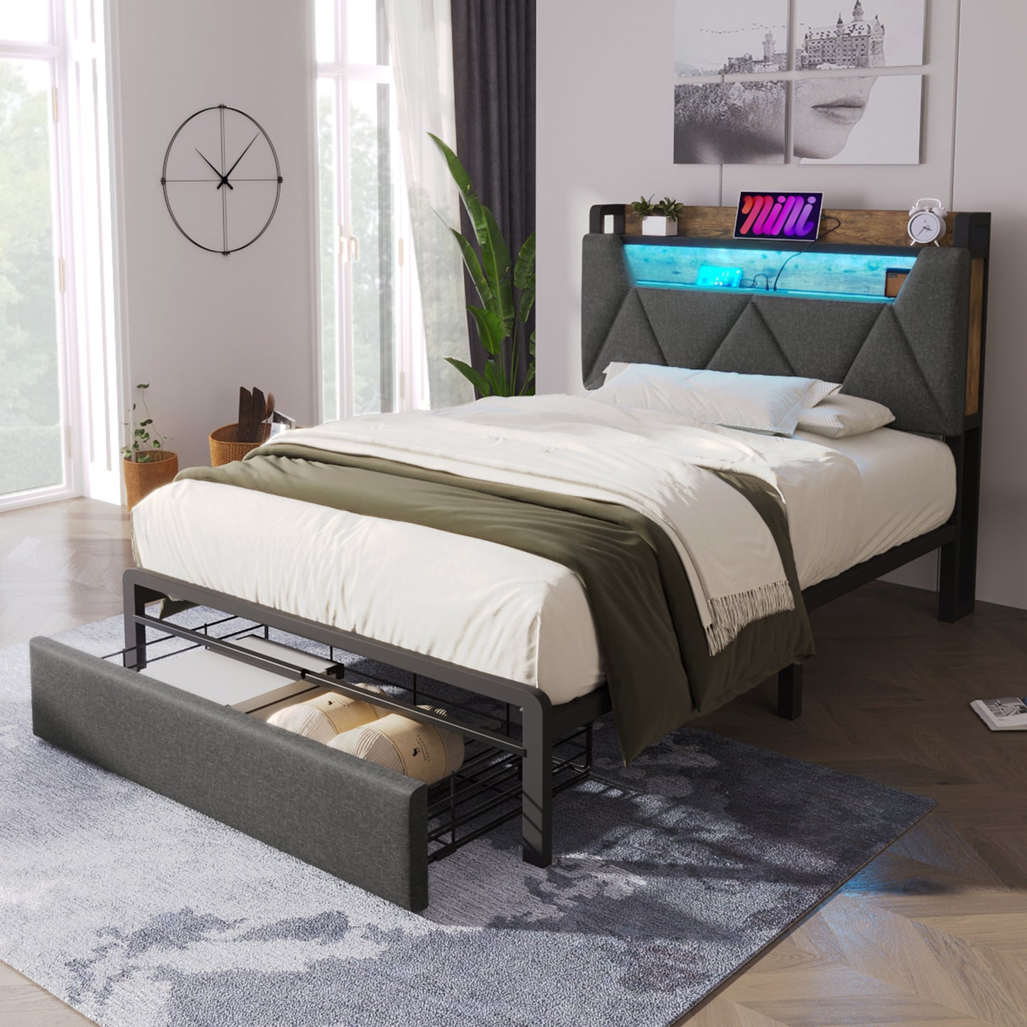 Upholstered Single Bed With LED Lighting, USB Type-C Charging Function, Storage Headboard And Drawers,  3ft Single Bed 90 X 190 Cm, Storage Bed Frame With Metal Slatted Frame,Linen, Grey