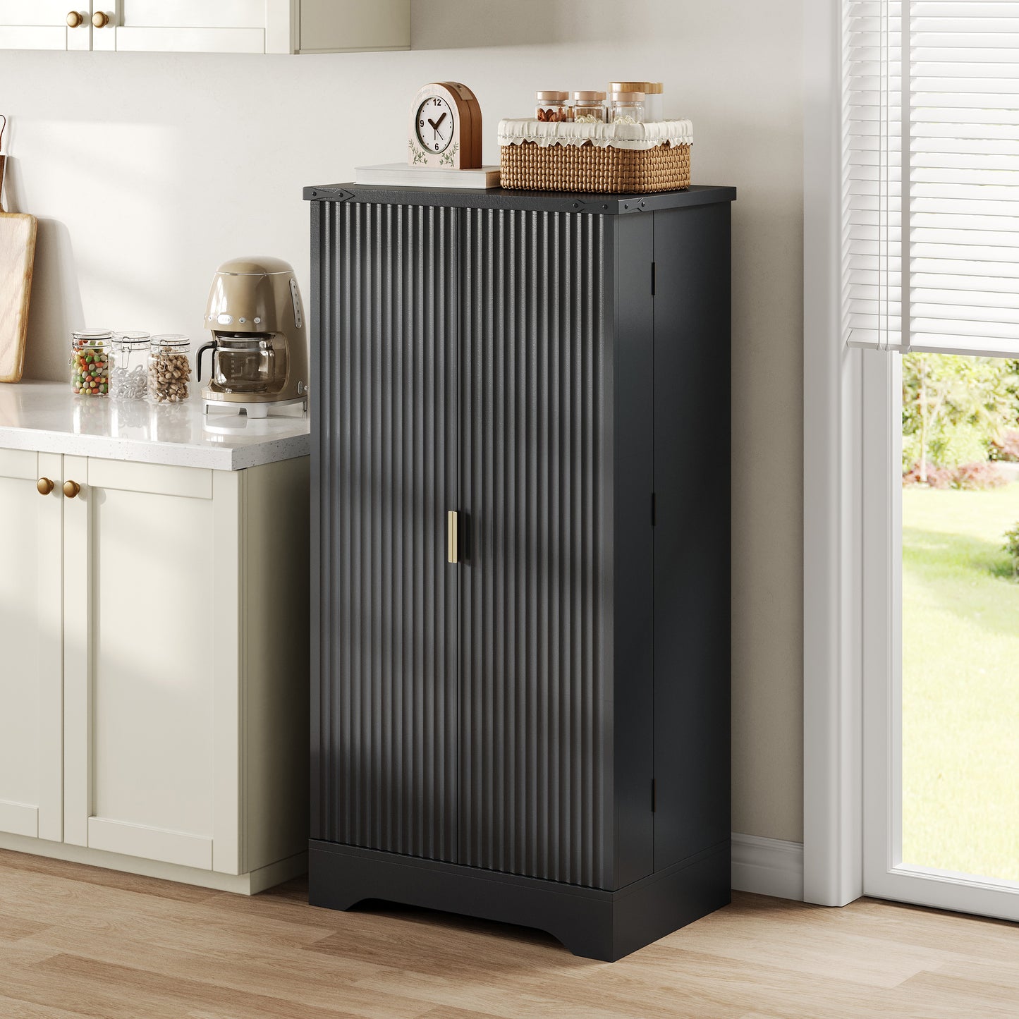 Kitchen Cabinet With LED Sensor Light And Spice Rack, Generous Double Door Cabinet With Adjustable Shelves And Modern Door Design  Black, 120 X 60.5 X 40 Cm