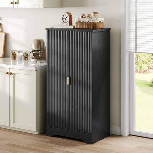 Kitchen Cabinet With LED Sensor Light And Spice Rack, Generous Double Door Cabinet With Adjustable Shelves And Modern Door Design  Black, 120 X 60.5 X 40 Cm