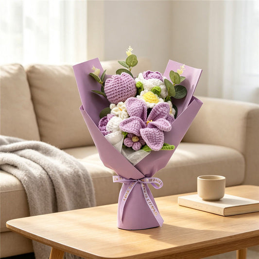 Handmade Crochet Purple Yarn Flower Bouquet, Everlasting Crochet Lily Tulip Rose  Arrangement, Artificial Forever Floral Bouquet For Home Decor, Anniversary & Holiday Gifts