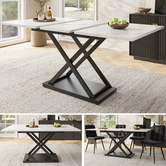 Telescopic Dining Table  120-160x80cm  ,Extendable Dining Table ,Space Saving Kitchen Table,Black Crossed Iron Legs,For Kitchen And Living Room,White Marbled Dining Table