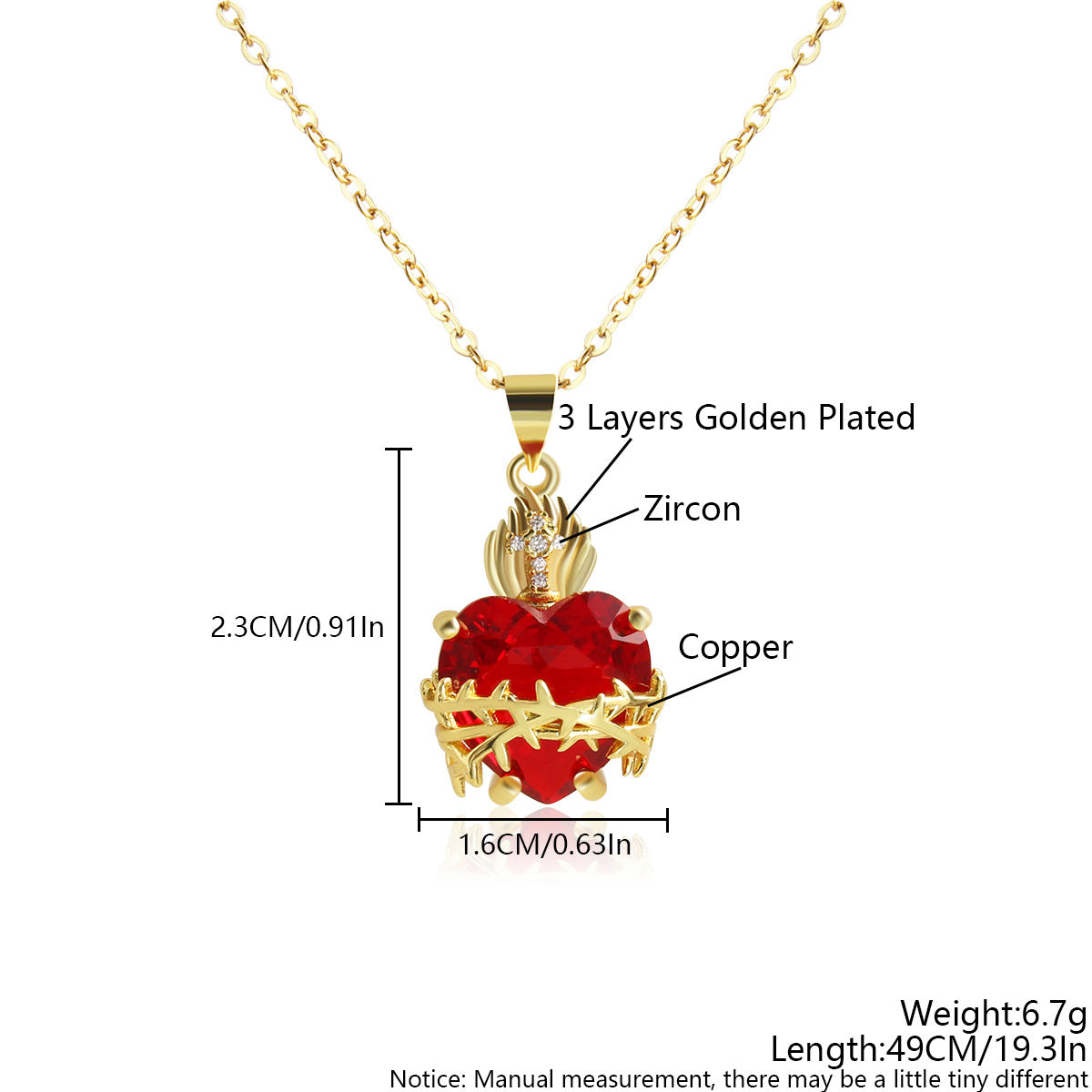 European And American Style Red Heart-Shaped Zircon Sacred Heart Cross Crown Pendant Necklace Copper Gold-Plated Fashion Clavicle Chain
