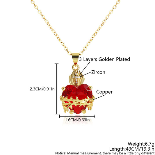 European And American Style Red Heart-Shaped Zircon Sacred Heart Cross Crown Pendant Necklace Copper Gold-Plated Fashion Clavicle Chain