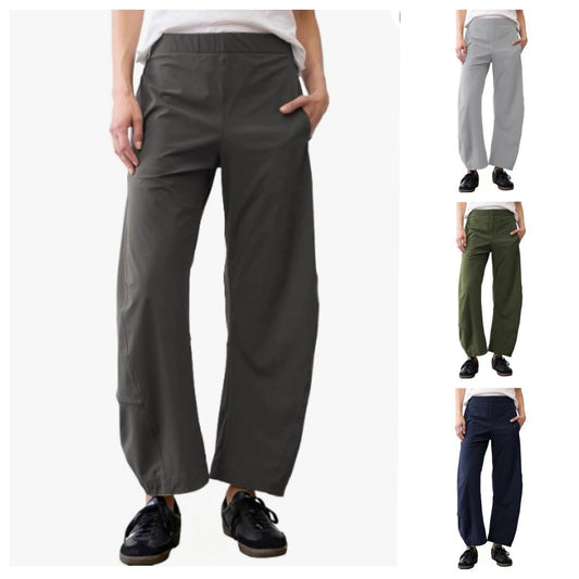 Women Barrel Curved Ankle Work Pants, Elastic High Waist, Loose Wide Thigh Slim Cuff Travel Trousers