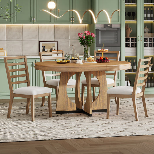 TREXM Round Dining Table For 4 With Chairs Set  Extendable Dining Table Set With 16 Removable Middle Leaf  5 Piece Retro Dining Table Set Unique Geometric Design For Kitchen  Dining Room  Natural