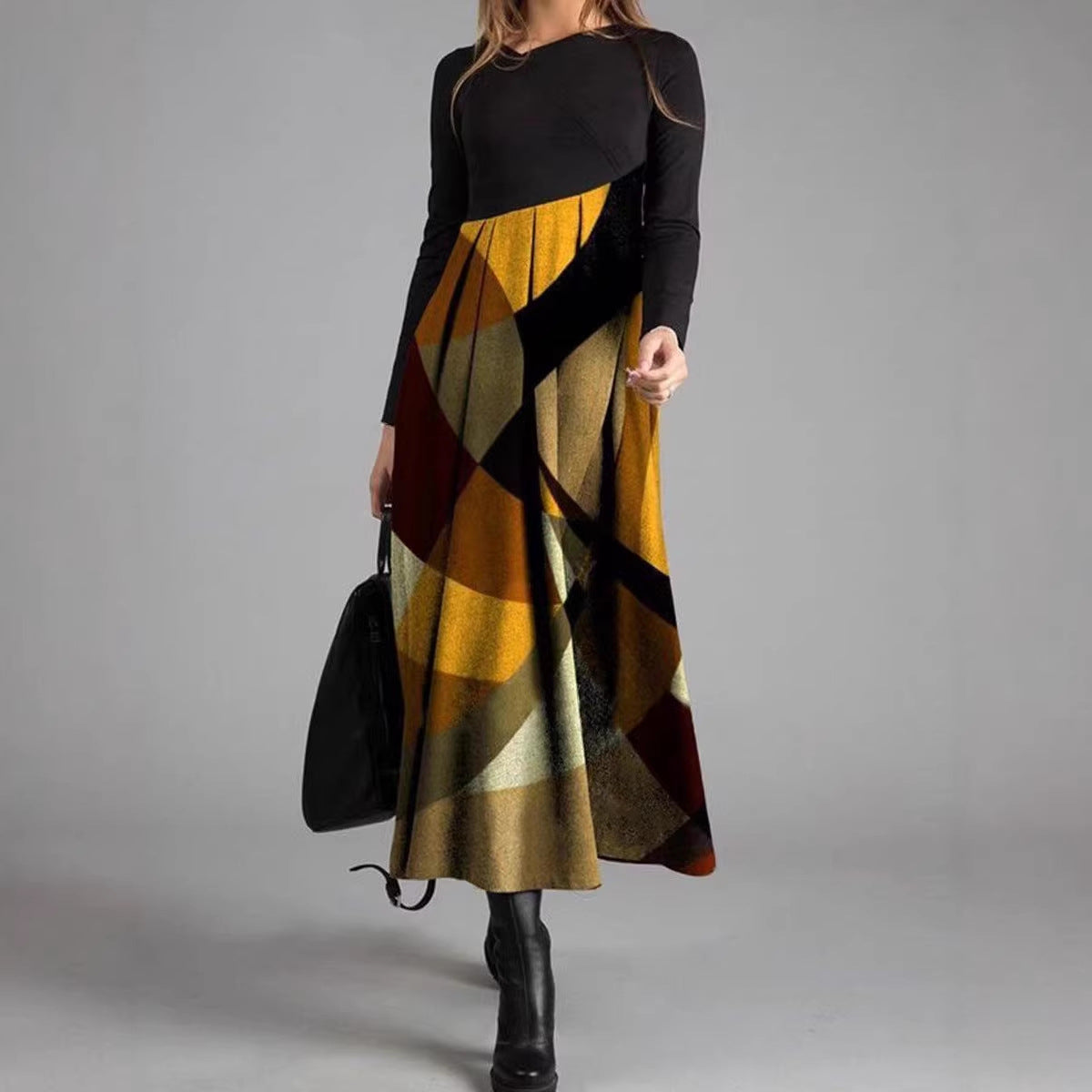 New Womens Long Sleeve Patchwork Plaid Dress