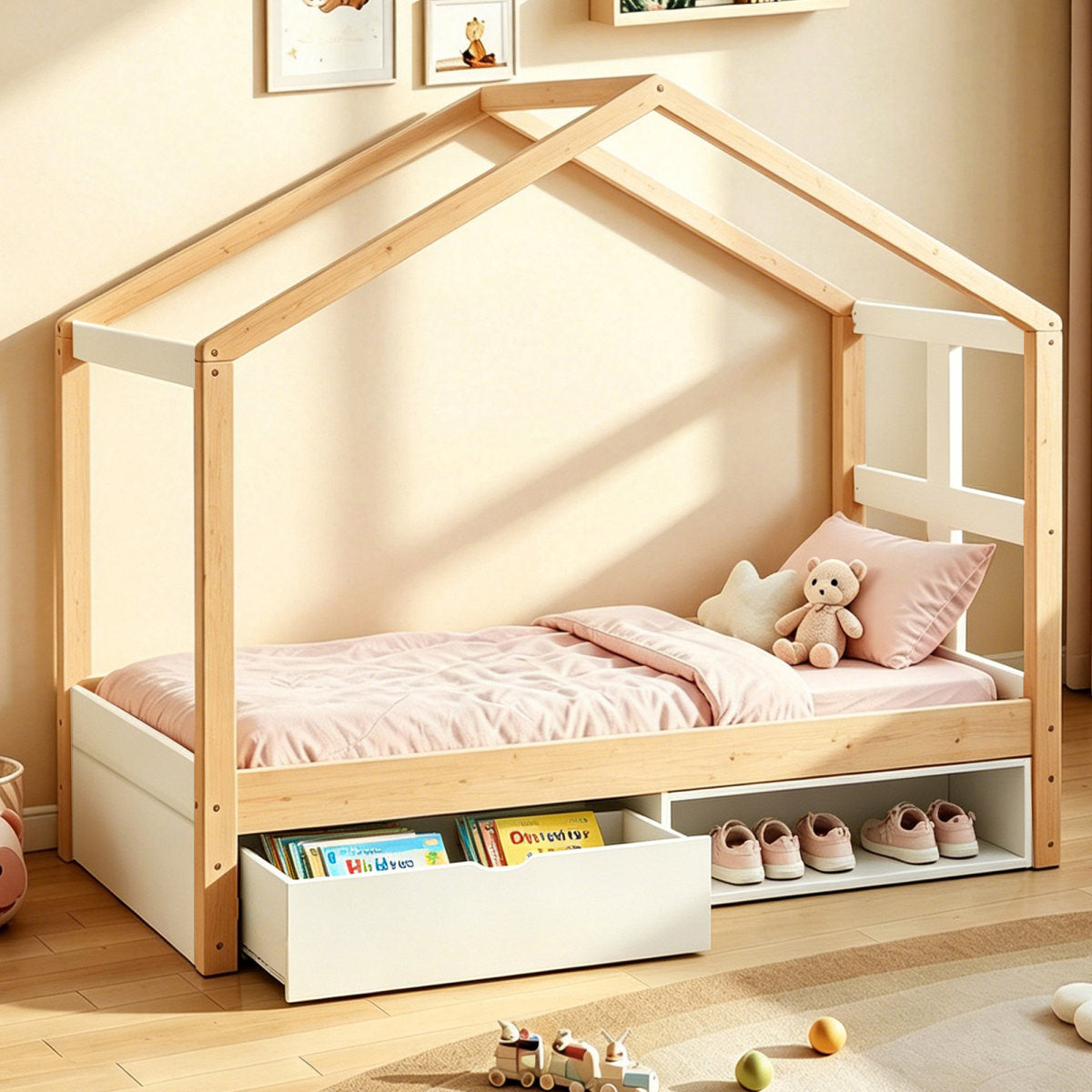 Wooden Bed 90x190 Cm, With Drawers And Small Shoe Cabinet, With Multi-coloured LED Lighting, Slatted Frame, Single Bed, Youth Bed, Wood Colour