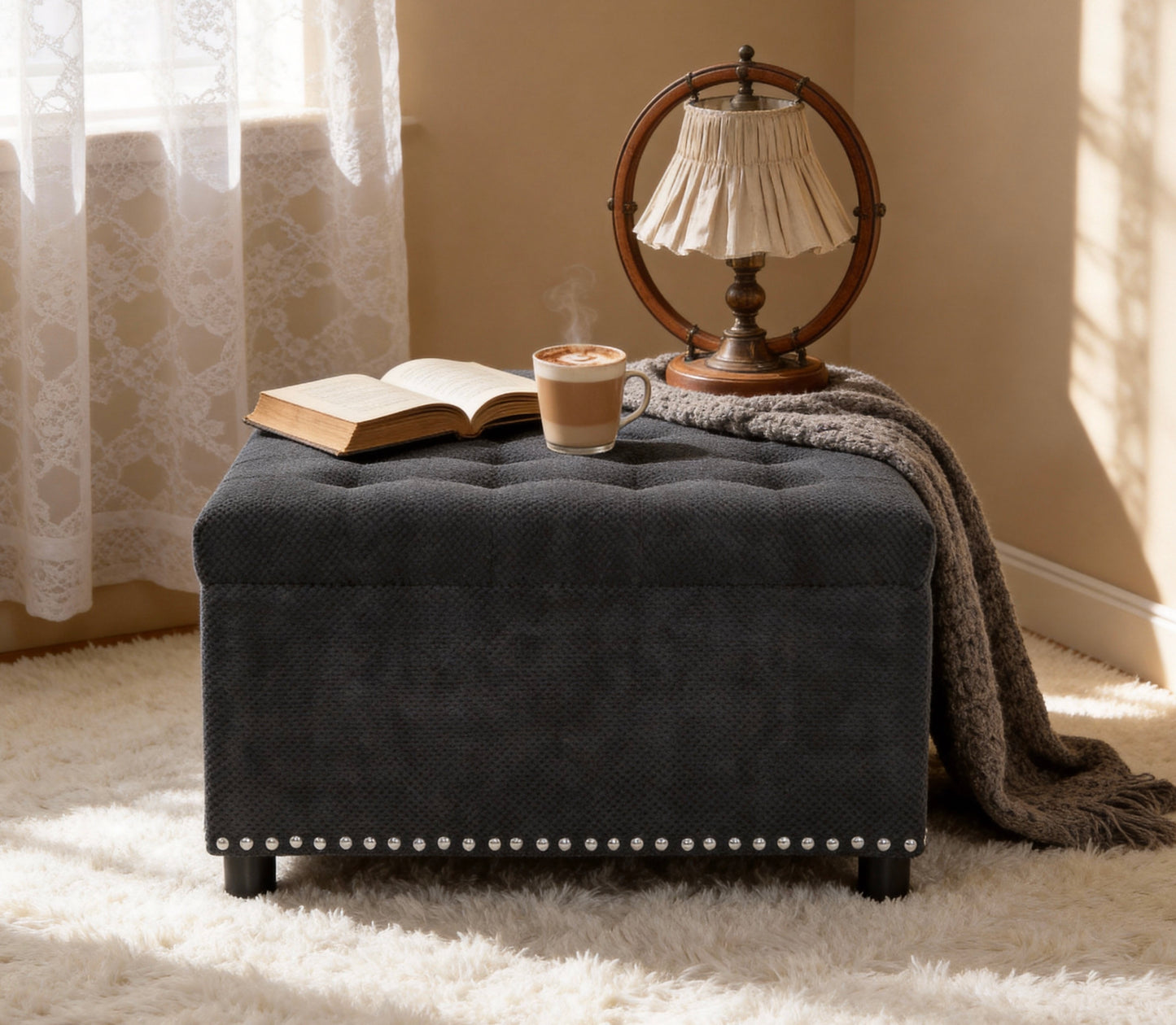 Storage Ottoman, Tufted Footstool, Nailhead Trim Ottoman, Square Storage Ottoman, Upholstered Coffee Table, Bedroom Storage, Living Room Accent, Black Ottoman, Small Space Furniture, Home Decor.