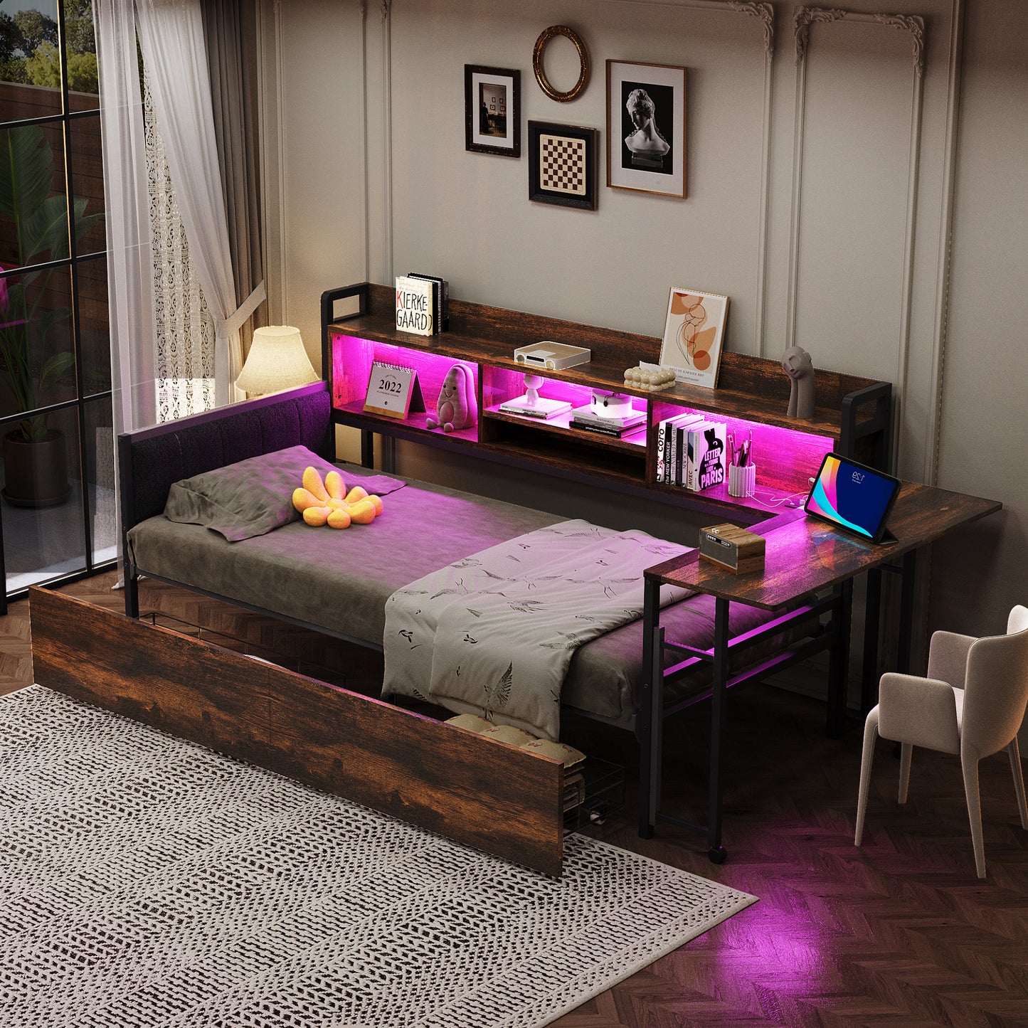 Iron Sofa Bed 90 X 200 Cm, With LED Lighting And Storage Space, With Drawers And Multifunctional Socket, Fold-out Desk, Soft Backrest, Single Bed, Wood Colour