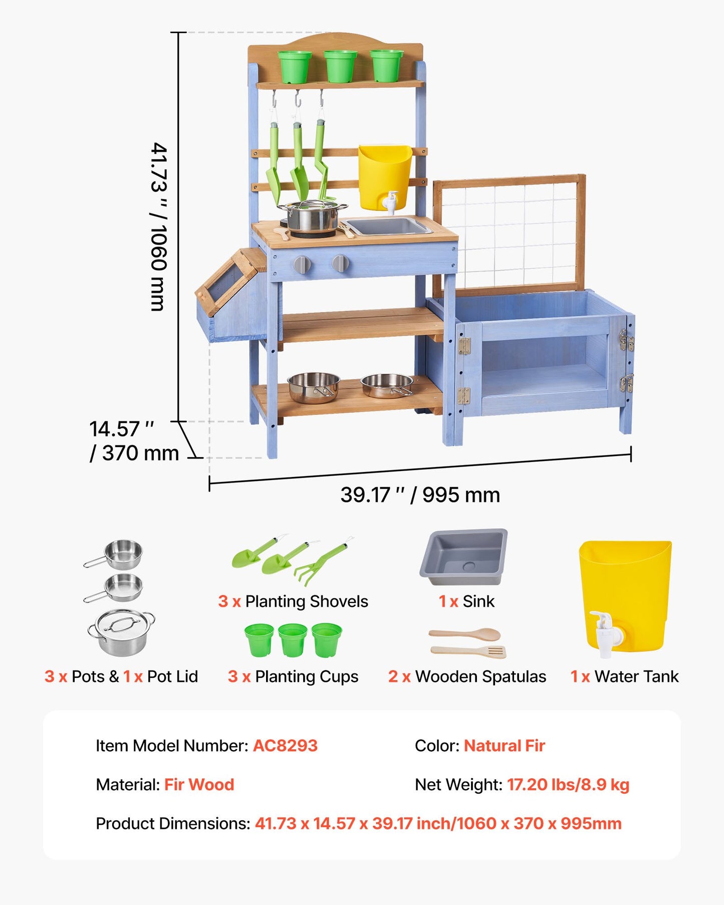 Mud Kitchen, Outdoor Mud Kitchen For Kids, Wood Outdoor Play Kitchens With Planting Box, Critter Catcher Container, Tank, Sink, Cookware Pots And Accessories, Wooden Play Kitchens For Lawn, Yard