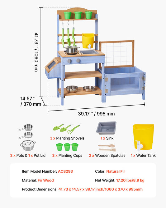Mud Kitchen, Outdoor Mud Kitchen For Kids, Wood Outdoor Play Kitchens With Planting Box, Critter Catcher Container, Tank, Sink, Cookware Pots And Accessories, Wooden Play Kitchens For Lawn, Yard