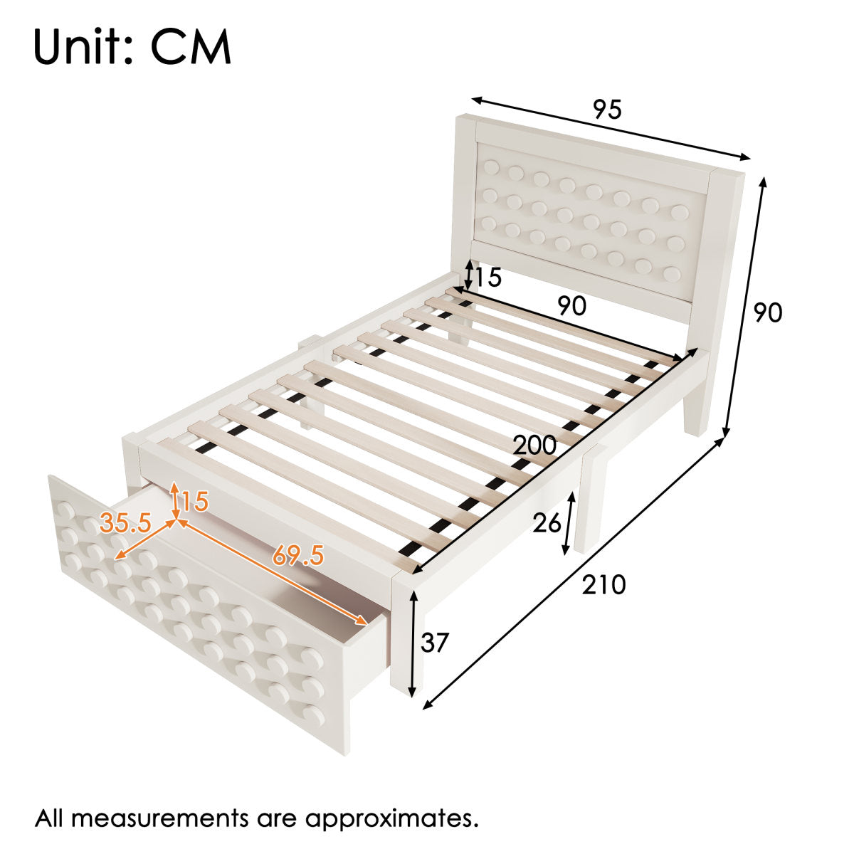 Wooden Bed Single Bed 90x200 Cm, Children's Bed Youth Bed With Creative Block Design, Solid Wood Bed Frame With Slatted Frame, With Drawers & Under Bed Storage Space, White, Without Mattress
