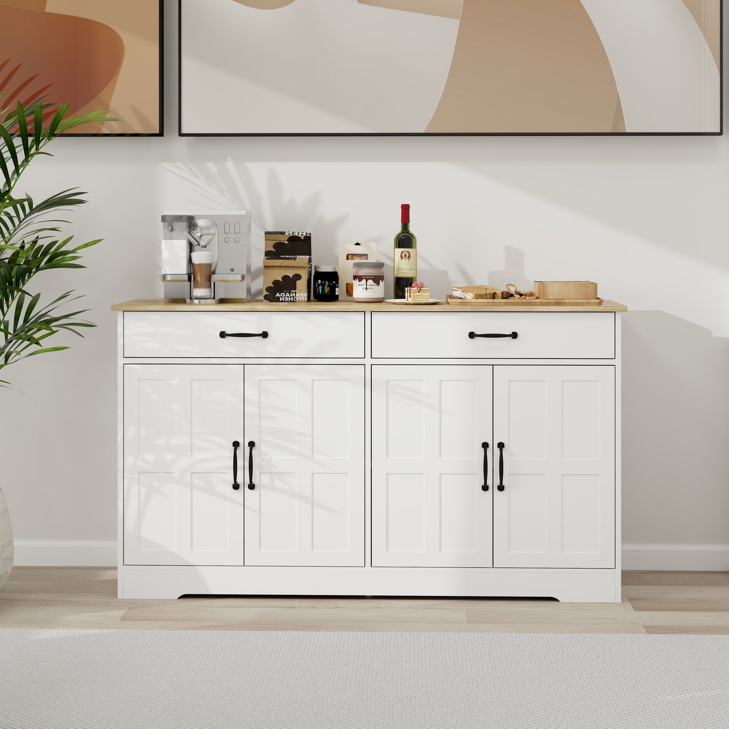 55.91 Large Farmhouse Buffet Cabinet Storage Sideboard With 2 Drawers And 4 Doors For Dining Living Room Kitchen Cupboard-White