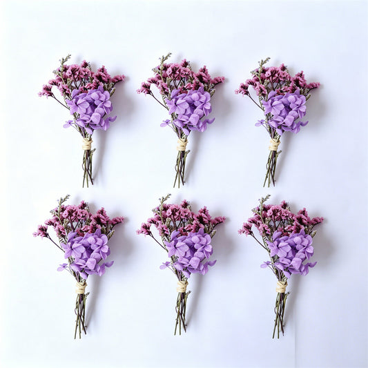 Set Of 6 Mini Purple Dried Flower Bouquets With Hydrangeas And Filler Greens For Delicate Table And Home Decor—Party Accessories Set