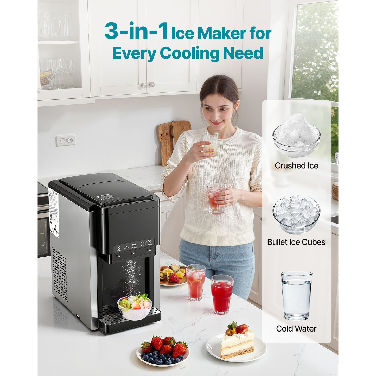Water Dispenser With Ice Maker, 3-in-1 Countertop Water Dispenser, 35 LBS 24H, 12 Cubes 7 Min Fast Ice Making With 4 LBS Storage, Bullet Crushed Ices & Cold-Water, For Home, Kitchen, Party