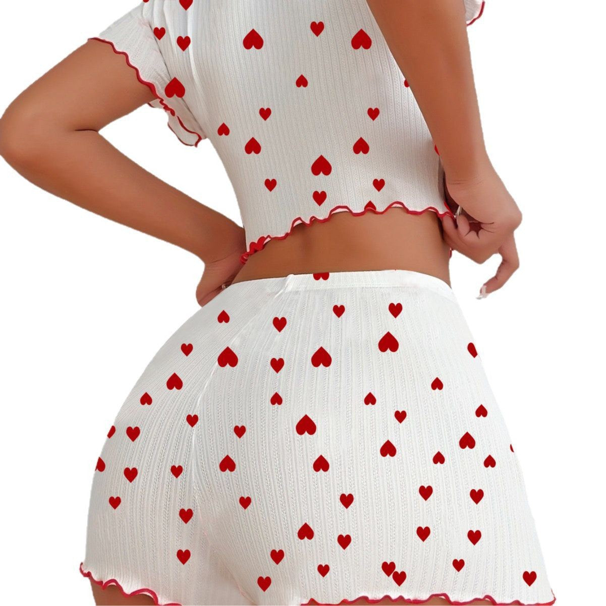 New-Style Home Printed Ribbed Heart-Button Womens Pajama Set