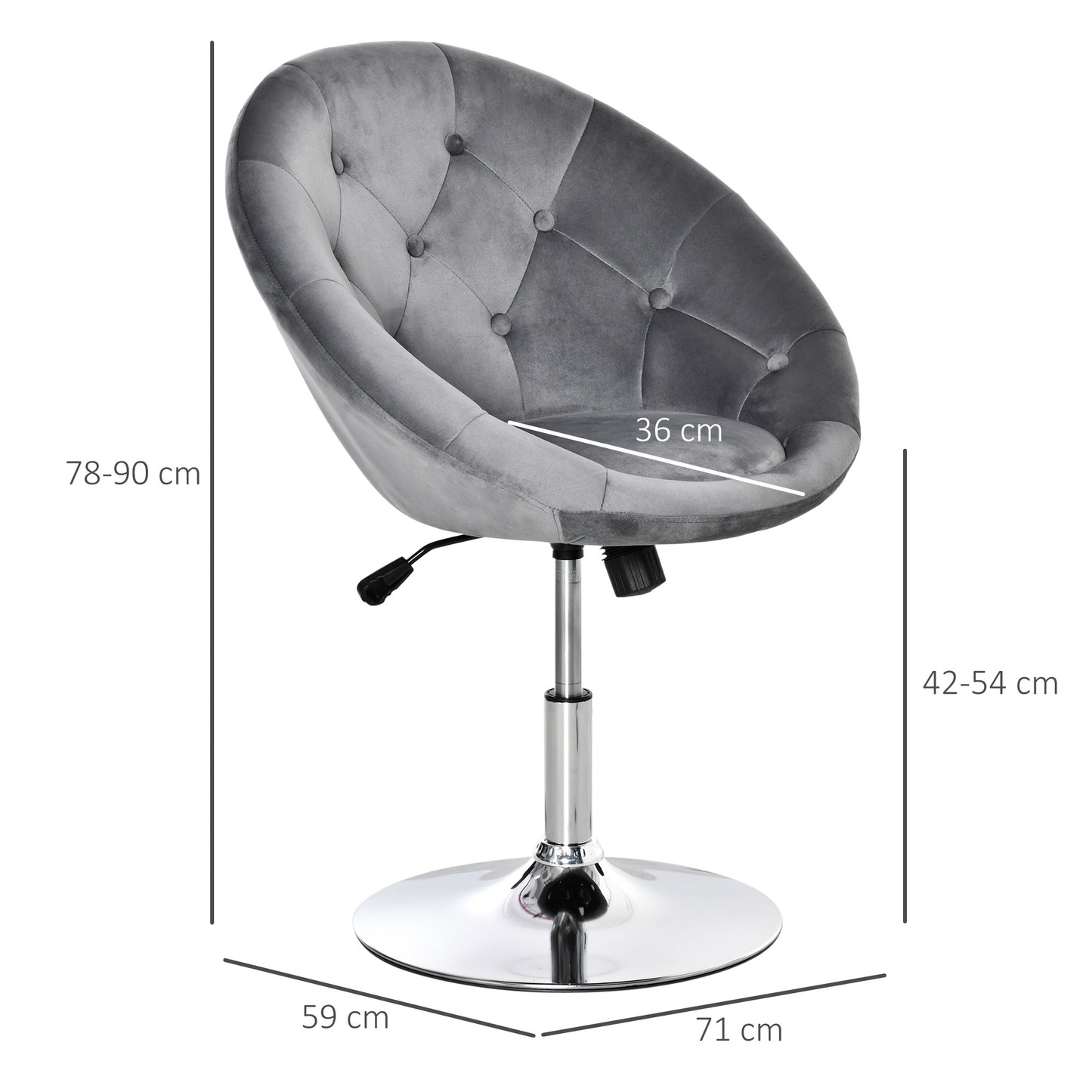 Swivel Dressing Stool, Velvet-feel Upholstered Vanity Chair, Adjustable Height Tub Makeup Chair With Button Tufting And Thick Padding For Bedroom, Grey