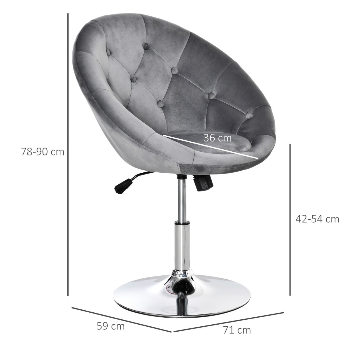 Swivel Dressing Stool, Velvet-feel Upholstered Vanity Chair, Adjustable Height Tub Makeup Chair With Button Tufting And Thick Padding For Bedroom, Grey