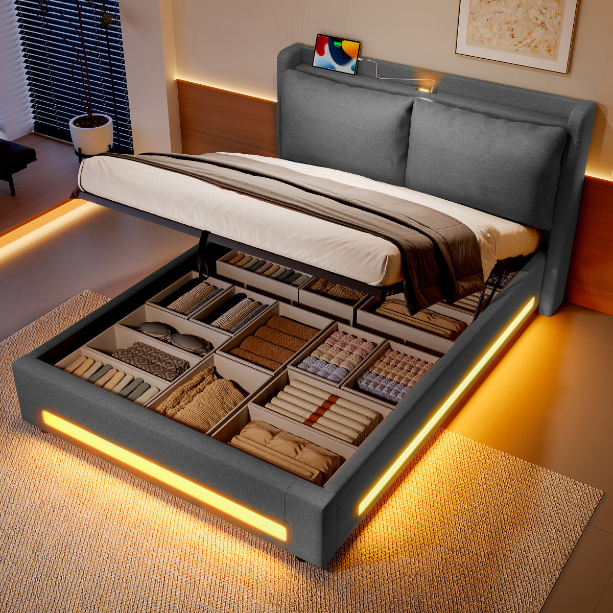 Modern Upholstered Bed With Linen Headboard. Features Built-in Storage Shelf, Dual USB-C Ports, Ambient LED Lighting, Hydraulic Lift System And Removable Pillows. Practical And Stylish.150x200 Cm