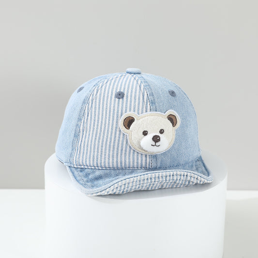 Children's Patchwork Striped Cartoon Bear Sewn Water-washed Distressed Fashion Casual Soft-brimmed Baseball Cap For Traveling And Shopping