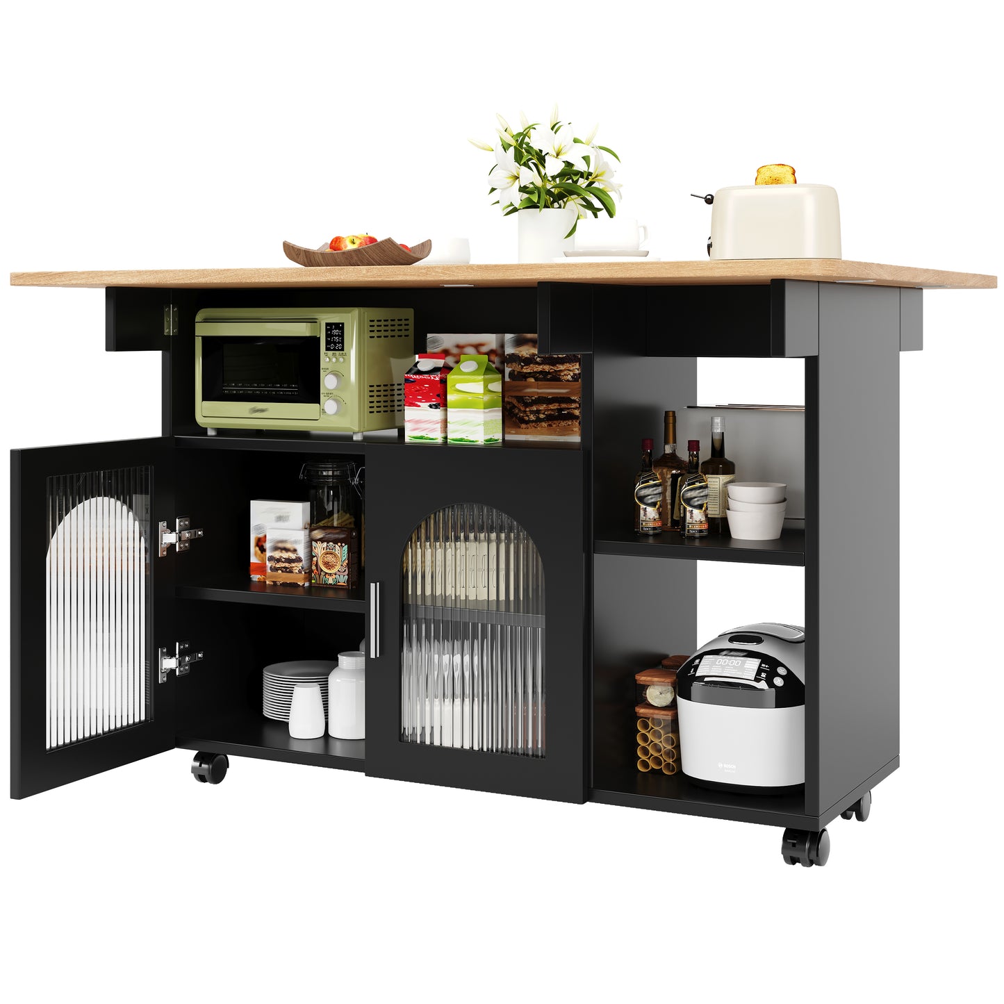 Kitchen Island,Modern Kitchen Siland, Kitchen Cabinet, Removable Serving Trolley Buffet Cabinet, Dining Trolley With Wood Grain, Buffet Cabinet, Multifunctional Dining Table With Storage Space, Black