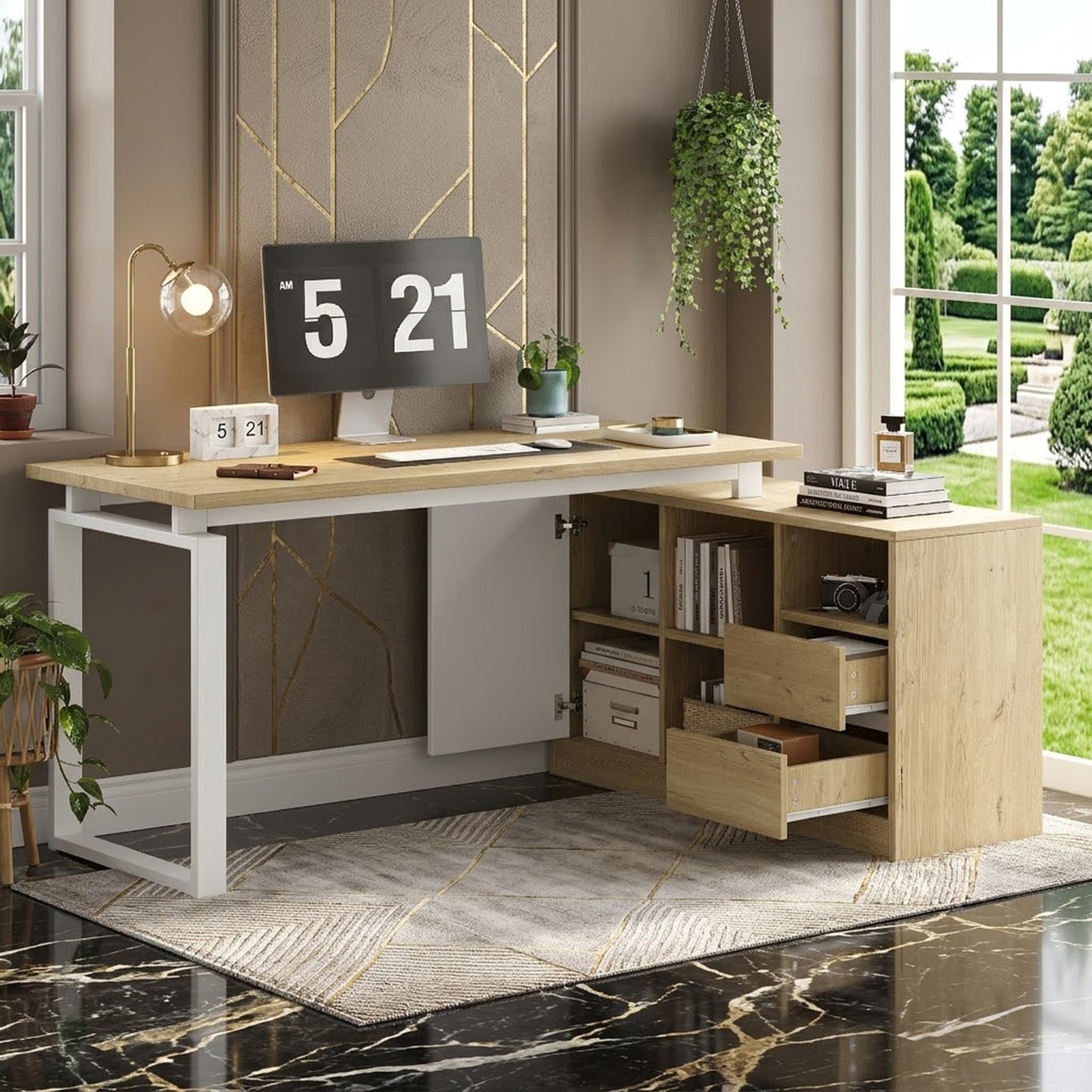 L-shaped Desk, Office Table, With 2 Drawers, 3 Open Shelves, 1 Closed Cabinet, Adjustable Shelves, Natural Wood Color  White.